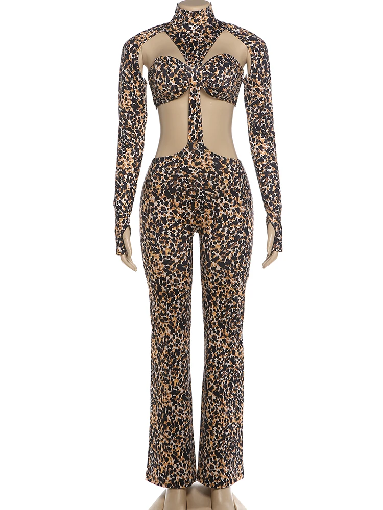 Weird Puss Unregelmäßiger Hohl-Jumpsuit für Damen, Leopardenmuster, Rollkragen, lange Ärmel, rückenfrei, Hot Girls Street Sexy Fashion Overall – Detail 13