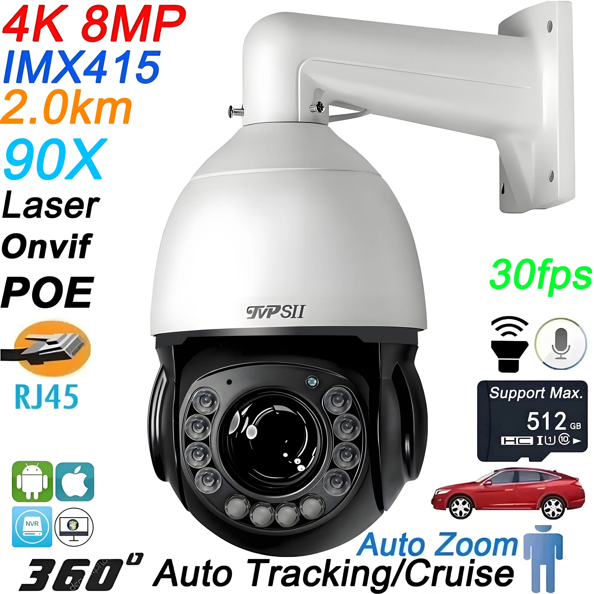 Laser Infrared Metal Auto Tracking Cruise 8MP 30fps 90X 60X Optical Zoom 360° Audio POE PTZ Speed Dome Surveillance IP Camera
