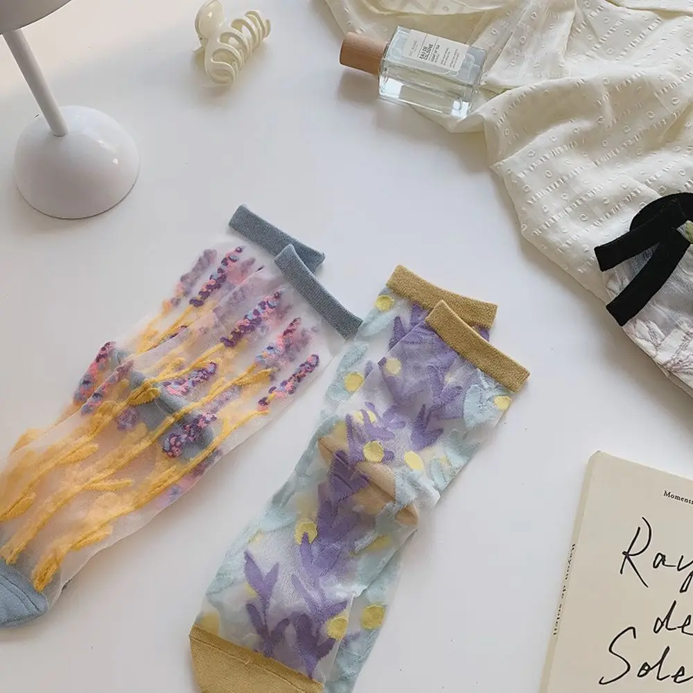 Kawaii Ultra-thin Girls Crystal Silk Socks Summer Korean Middle Tube Socks Flower Socks Floral Hosiery Women's Socks