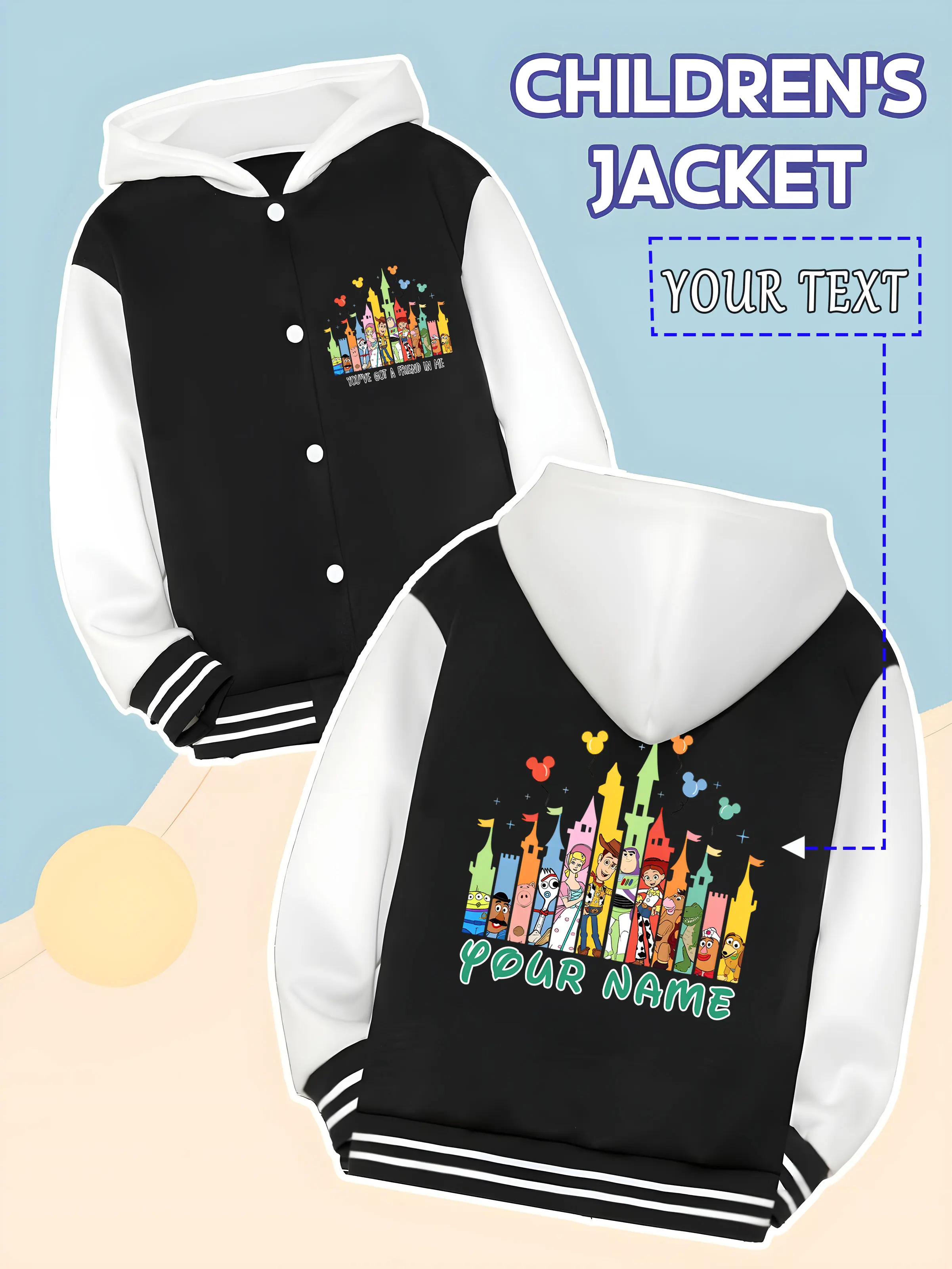 

MINISO Disney Toy Story Castle Character Baseball Jacket for Kids - The combination of characters and castle creates a dreamy an