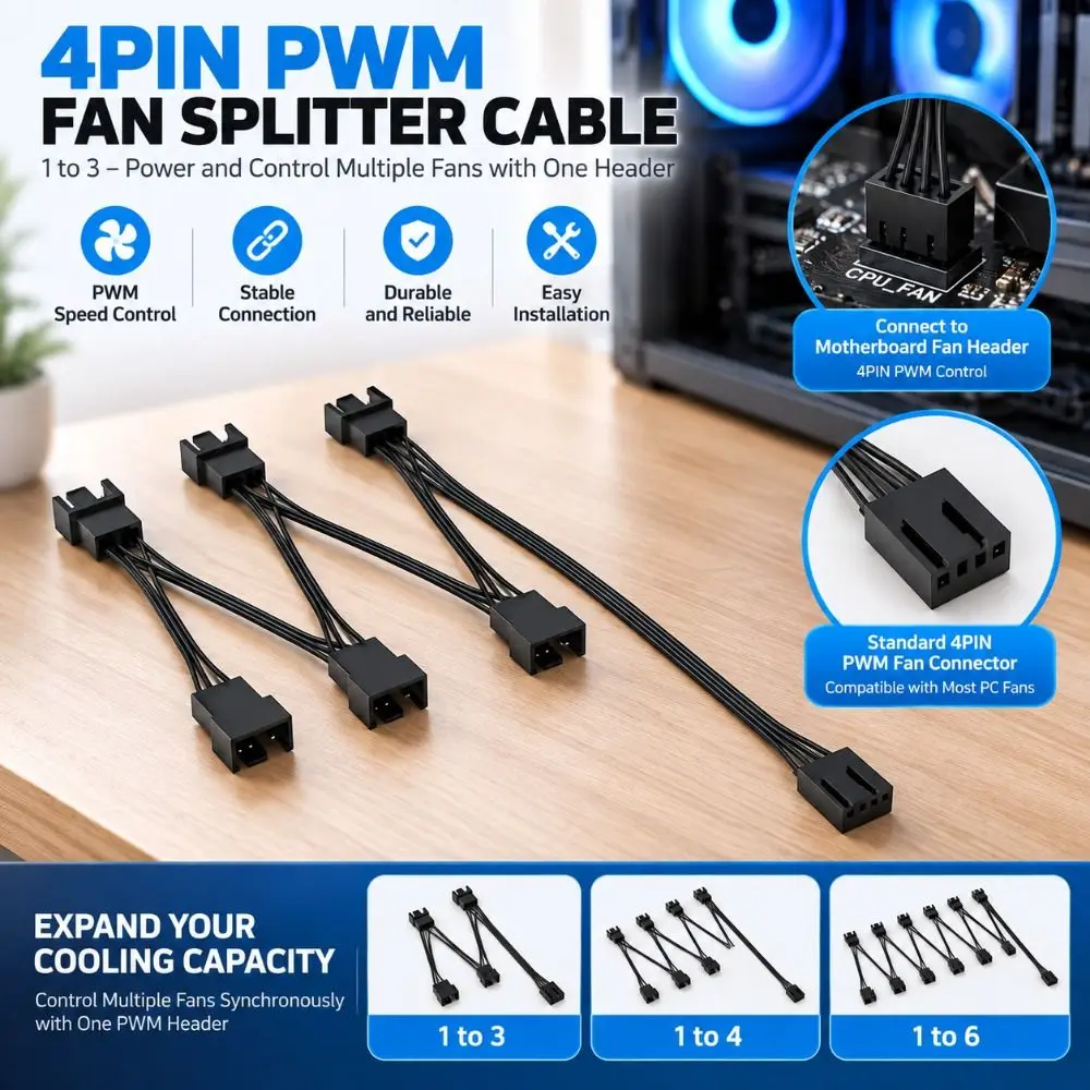 Practical 4Pin PWM Fan Splitter Cable Y Splitter Universal Fan Extension Cable Multi-fan PWM Connector PC Cooling