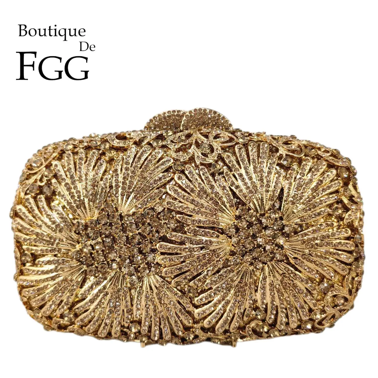 

Boutique De FGG Women Flower Crystal Clutch Bag Golden Minaudiere Bag Wedding Party Bridal Rhinestone Evening Handbags and Purse