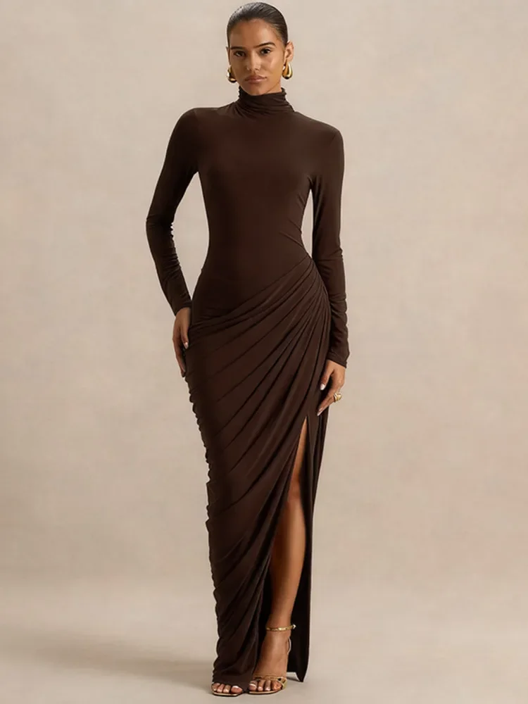 

Turtleneck Long Sleeve Sexy Maxi Dress Women Elegant Autumn Winter High Waist Ruched Thigh High Split Club Long Dress