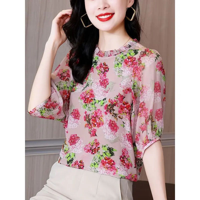 

Wooden Ear Collar Chiffon Pink T-Shirt New 2023 Summer Clothes Round Neck Vintage Floral Printing Half Sleeve Pullover Loose Top