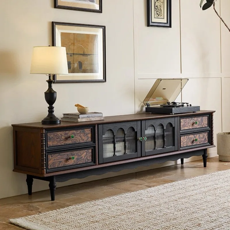 

French medieval solid wood TV cabinet living room designer locker against the wall TV cabinet glass door side cabinet