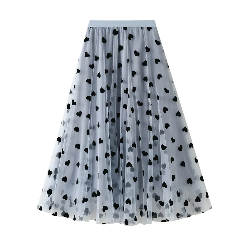 2024 Lente Nieuwe Franse Retro Hoge Taille Liefde Midi Rok Shag Mesh Flokken Rok