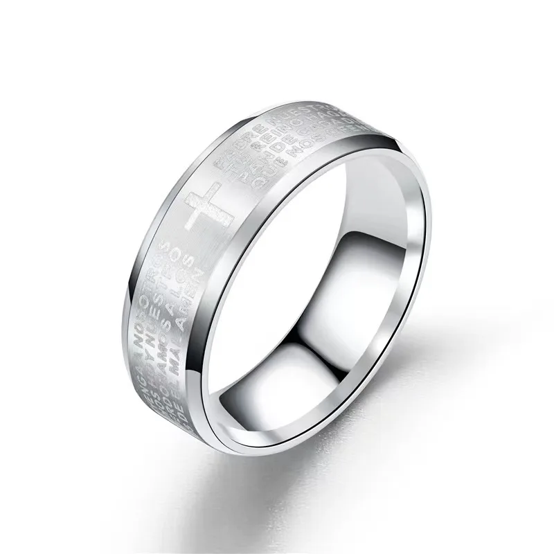 Bible Stainless Steel Ring Father Prayer Padre Nuestro Cross Rings 8mm Men Jewelry