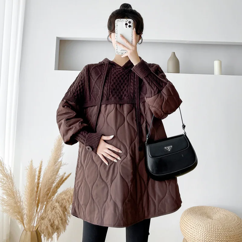 Autumn and Winter Clothes New Pregnant Women\'s Clothes Slim Mid Long Cotton Sweater Hooded Patchwork Coat Small Cotton Jacket