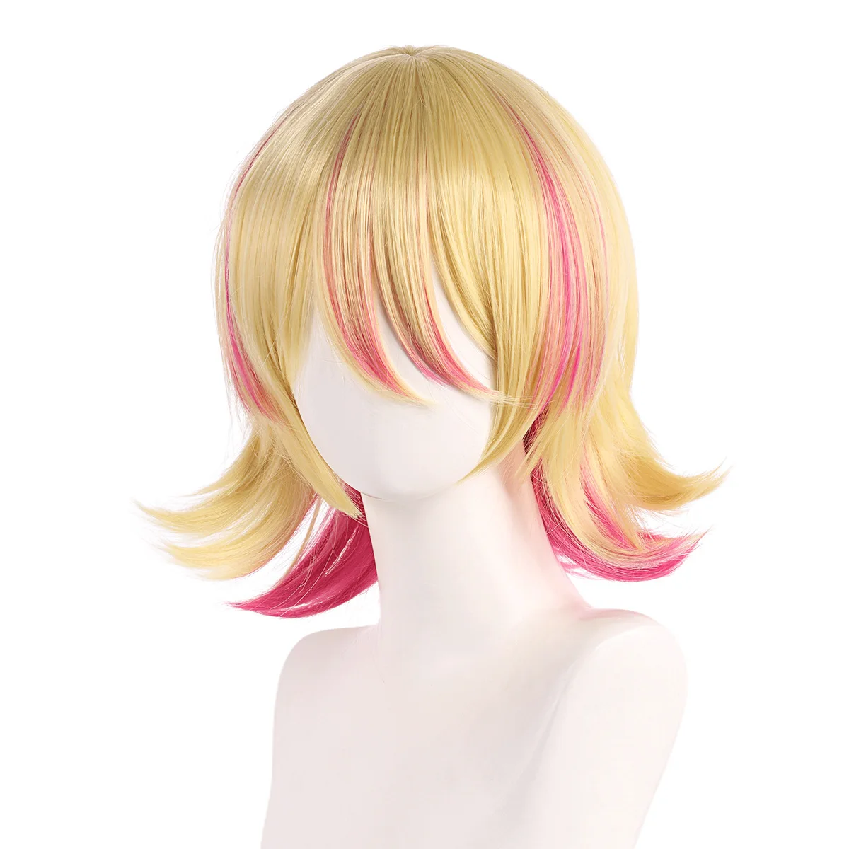 Anime wigs for Rin Cosplay Wig Short Blonde Wavy Wigs with Pink Highlighted Bangs Synthetic Halloween Wigs