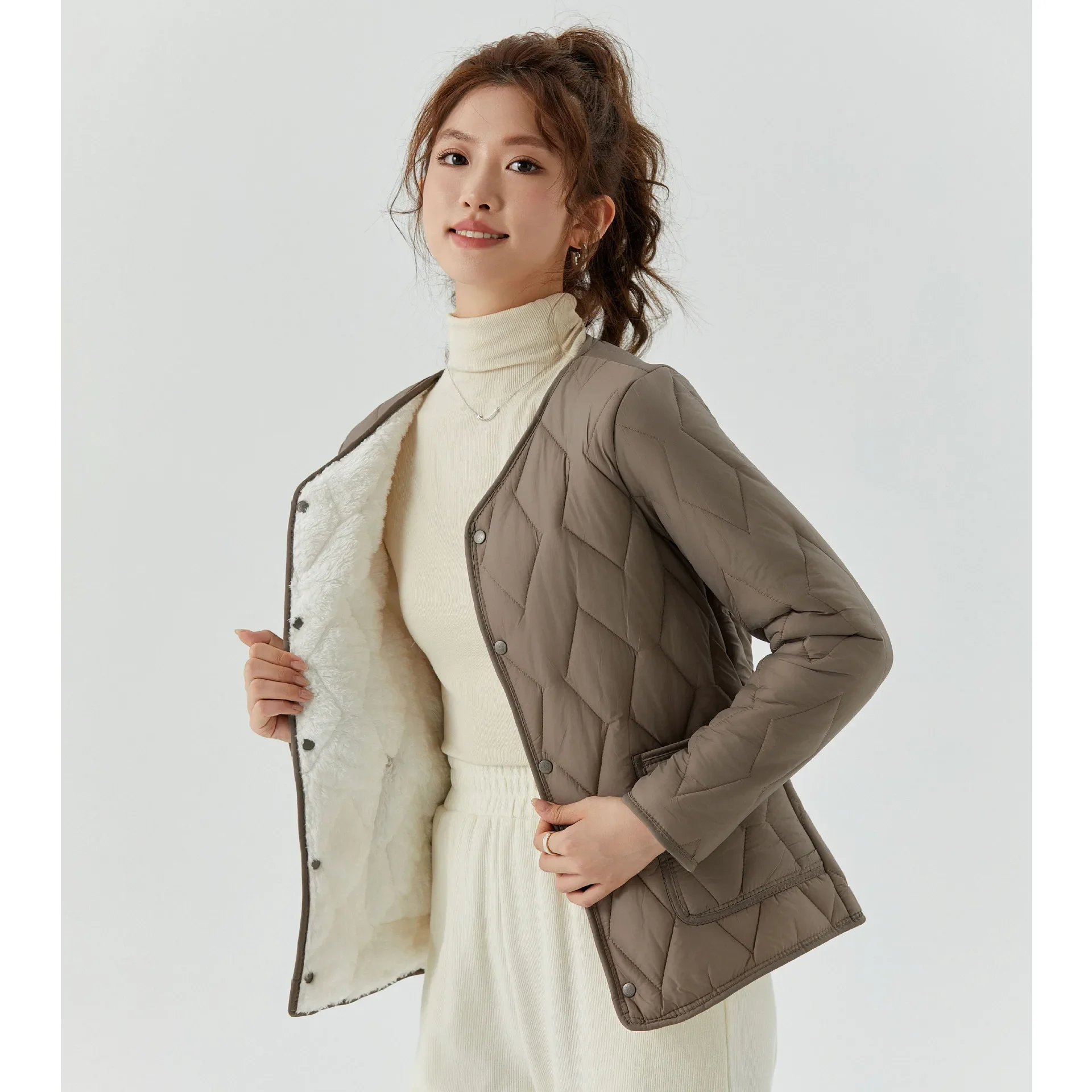 Ladies Winter New Fashion Thin Solid Color Loose Warm Long-sleeve Padded Jacket, Casual Fleecing Single-breasted Jacket Women