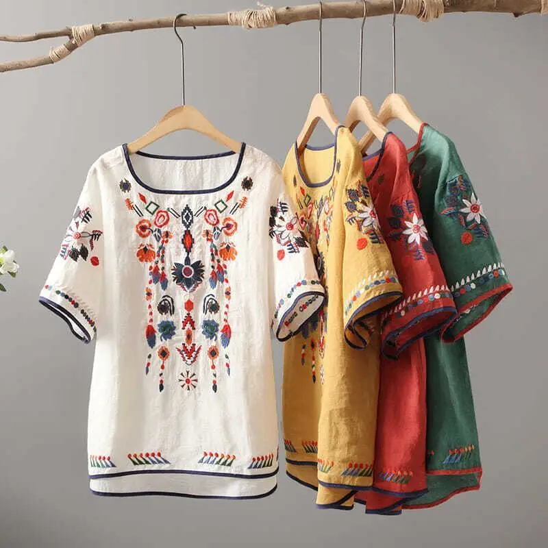 Women Summer Blouse Vintage Ethnic Style Short Sleeved Round Neck Loose Embroidered Cotton Hemp Pullover Shirt Casual Top