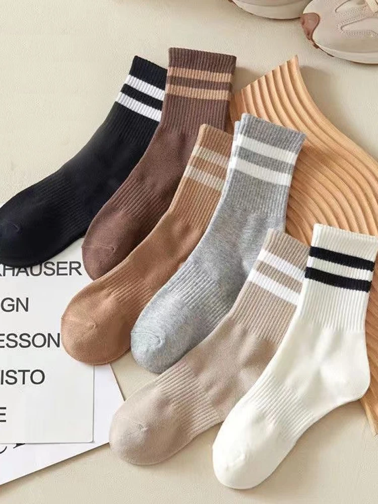 6 Paar Damen-Socken mit mittlerer Wade, rutschfeste, gerippte Bündchen, 2-Streifen, einfarbig, sportliche, lässige Söckchen – Detail 3