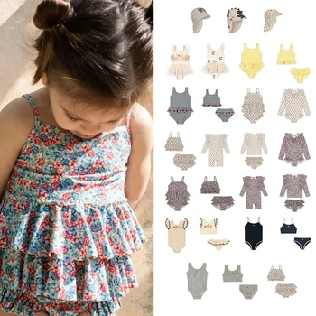 Conjuntos de trajes de baño florales KS para niñas pequeñas, trajes de baño de una pieza para vacaciones, Bikini para nadar, prendas de vestir, pantalones cortos, gorra de 1 a 9 años, verano 2024