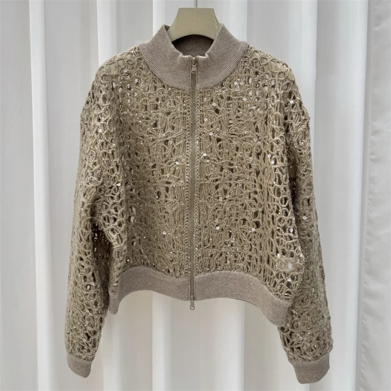 

Кардиган для женщин. Новый эластичный вязаный топ с длинными рукавами на осень 2021. Женский свитер из смеси шерсти с блестками. Трикотаж.