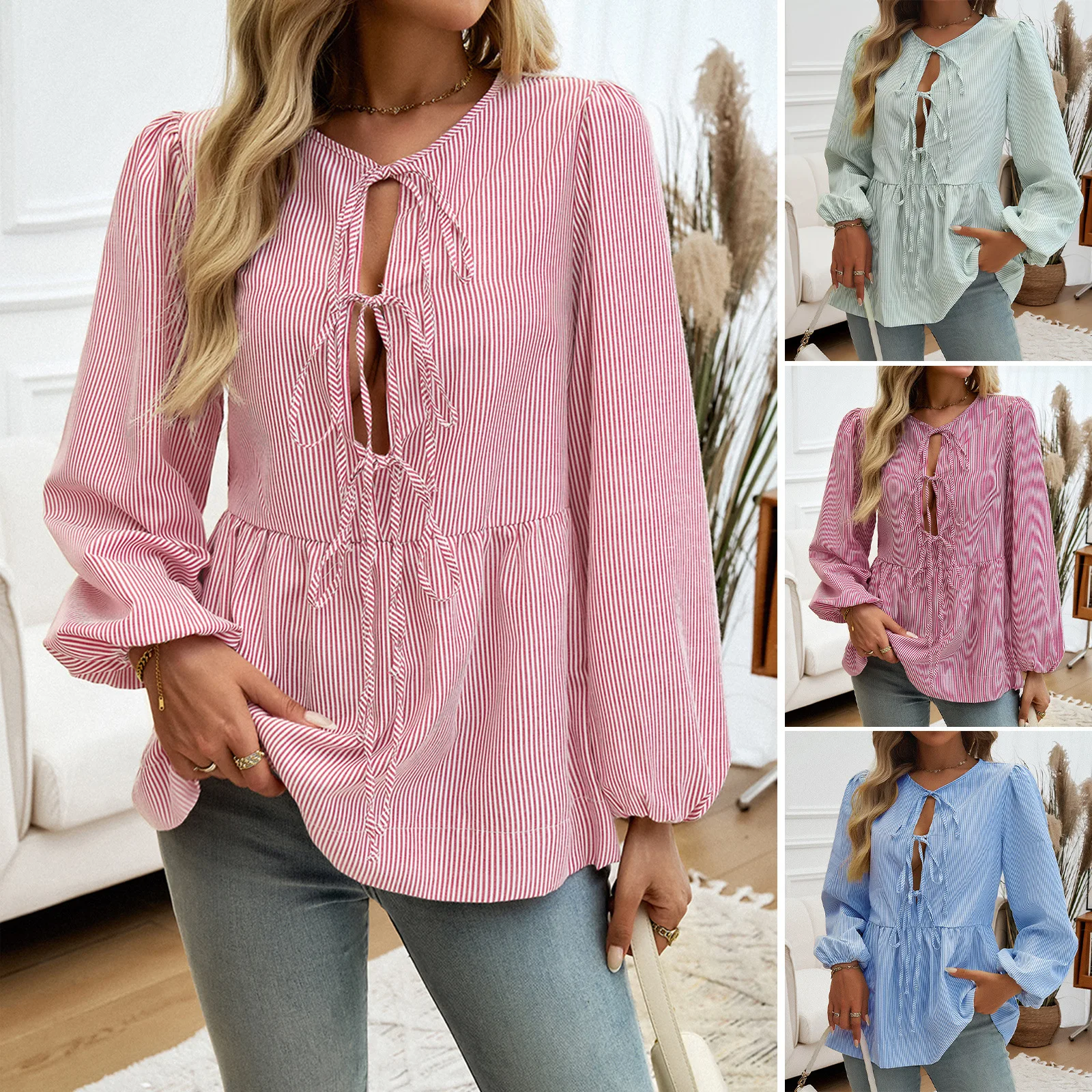 

2025 Autumn and Winter Tops Women's Casual Loose Striped Lantern Sleeves Lace-up Shirt Blusas Mujer De Moda