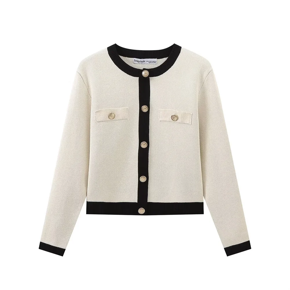 

TRAF Autumn New Product Women's Fashion Casual Gold Single breasted Long sleeved Round neck Knitted Jacket Top