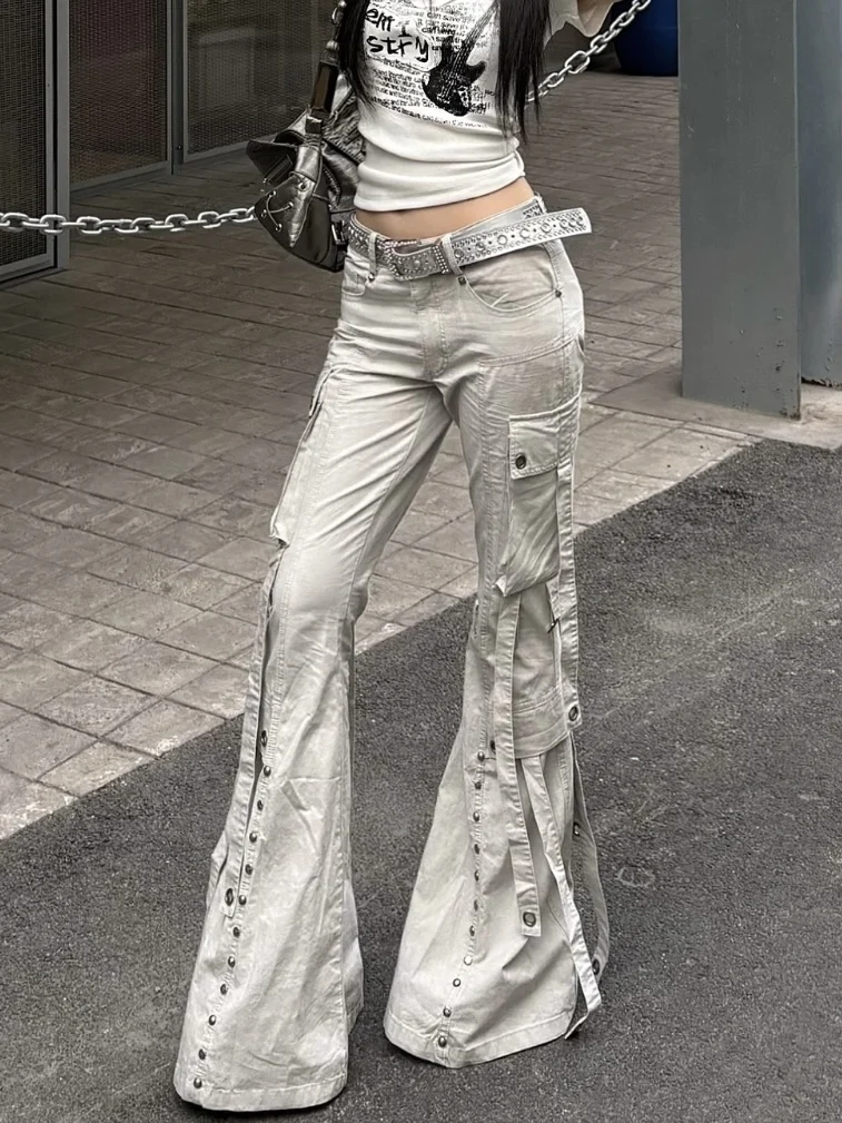 Women Goblin Core Y2k Japanese Design Harajuku Low Rise Denim Flare Cargo Pants 2000s Kpop Bell-Bottom Long Trousers Punk Jean