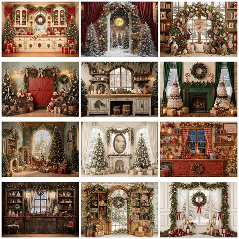 Winter Christmas Indoor Background Fireplace Window Scenery Xmas Trees Gifts Toys Backdrop Festival Party Banner Photo Booth