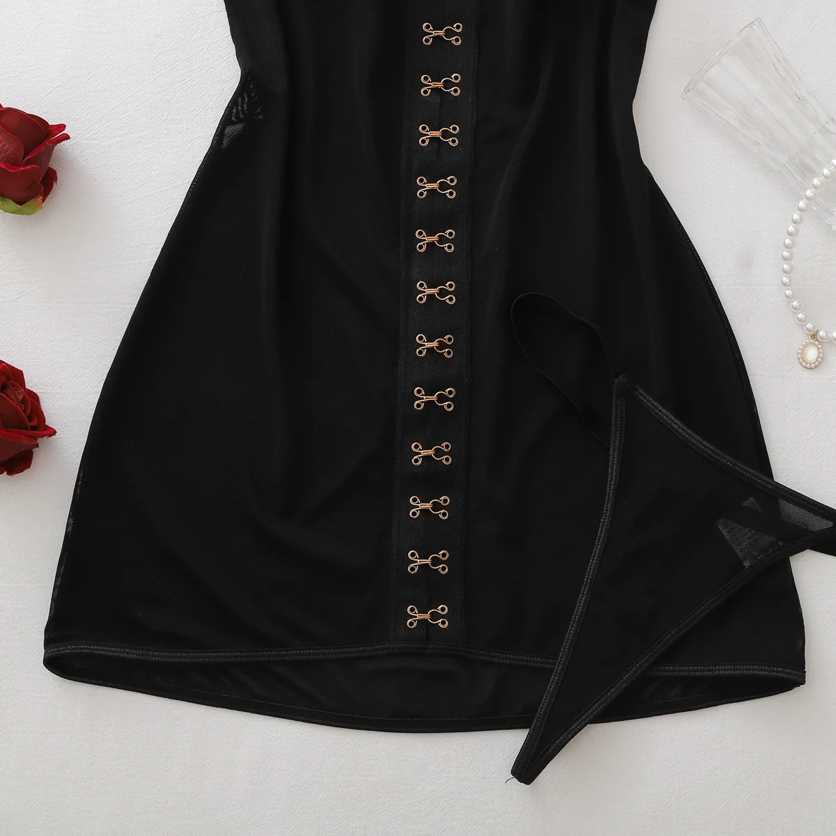 One-shoulder Sheer Mesh Exotic Dresses Women's Metallic Button-up Figure-hugging Lingerie Set Sexy Off-the-shoulder Thin Skirt view 6