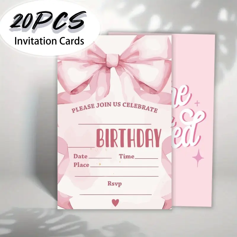 20 قطعة، بطاقة دعوة عيد ميلاد لطيفة على شكل فيونكة كرتونية، 20 بطاقة دعوة عيد ميلاد تحت عنوان الفتاة #1