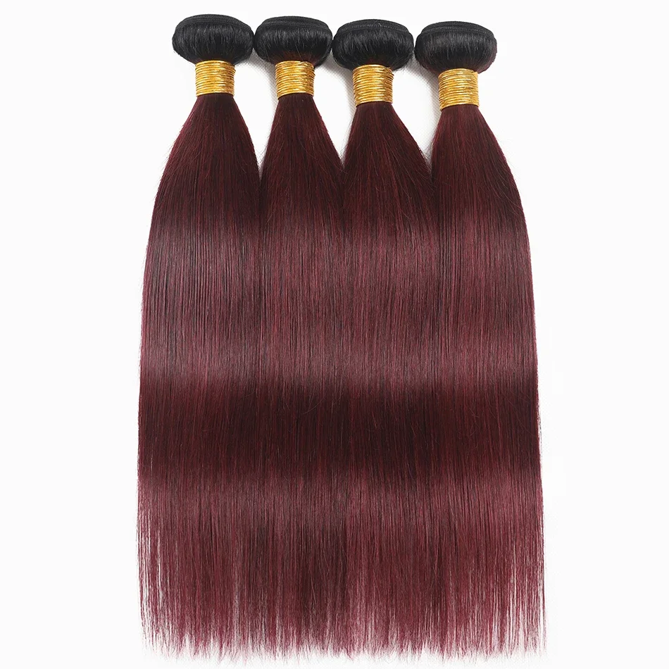 Extensiones de cabello humano brasileño, mechones de cabello humano liso de color borgoña 1b 99j, ombré, hueso rojo vino, 1/3 /4 piezas