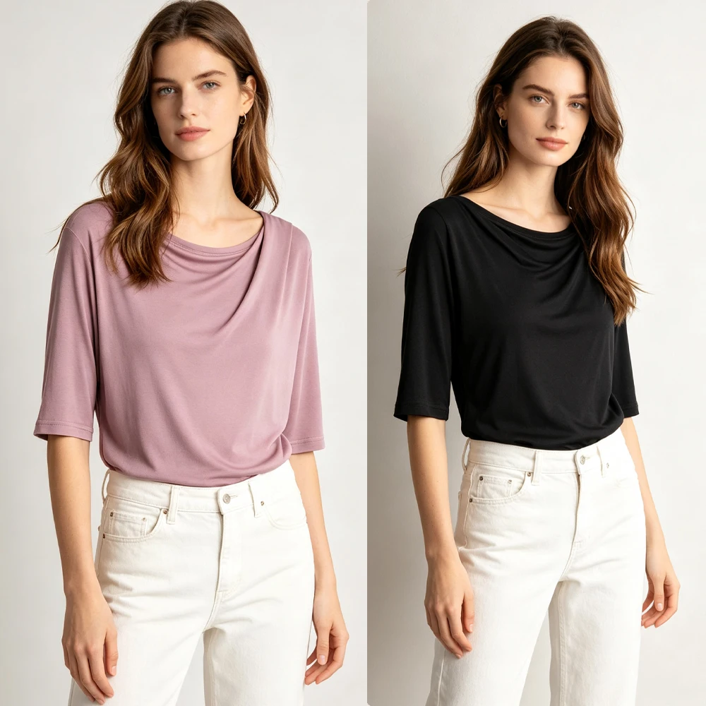 2026 Women's Casual Summer New 23% Natural Mulberry Silk Knitted Skin Friendly Solid Color Slant Oscillation Half Sleeve T-shirt