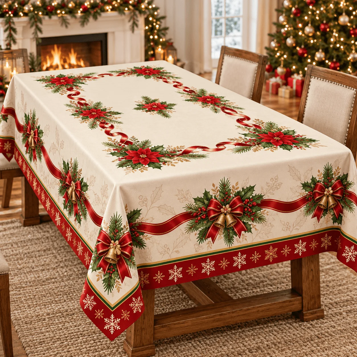 One rectangular tablecloth with red Christmas flowers, bow bells, and snowflake borders, perfect for Christmas parties