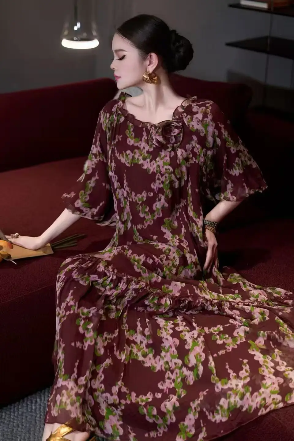 Spring And Summer New O-Neck Lantern Sleeves Fashionable And Elegant Silk Fabric Printed Vacation Women's Dress M-XL