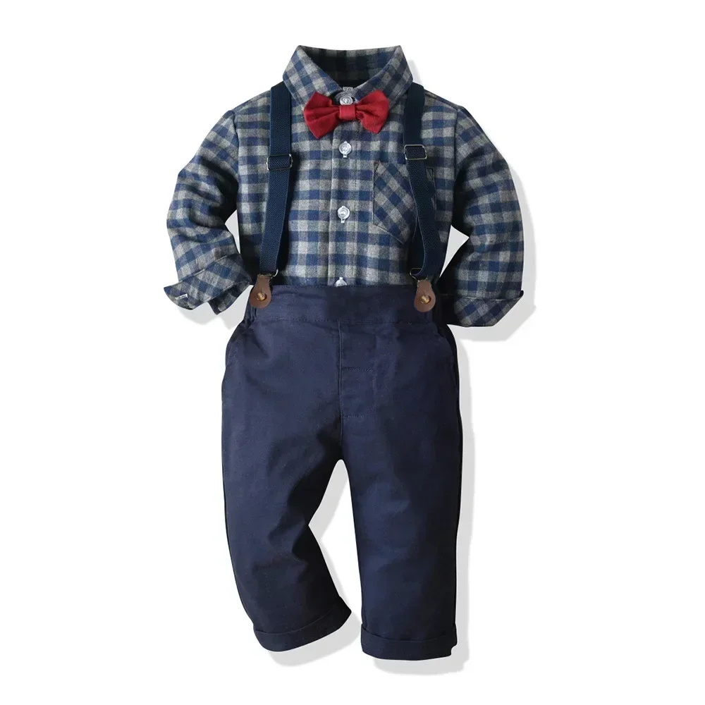 Children\'s Plaid Shirt and strap pants set for Boys with Bow Tie baby boy clothes 0 to 3Y Autumn Boys Clothes 70-130cm