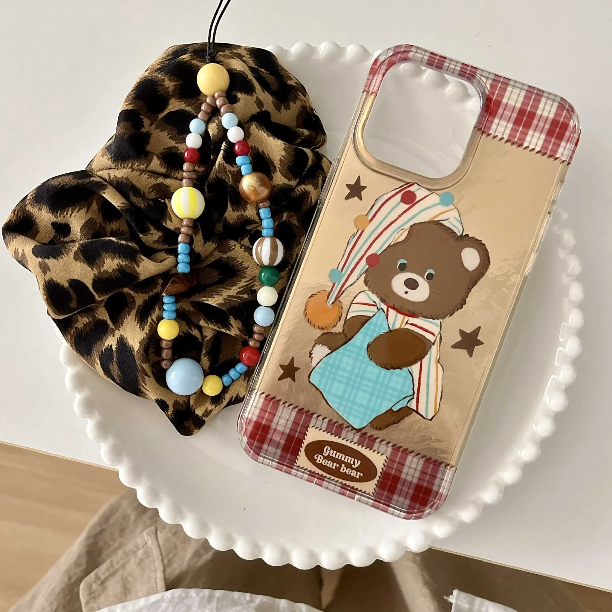 Golden glacier cartoon bear puppy phone case for iphone 15promax 13 14pro 15 pro max 14 ins check colorful chain cover shell