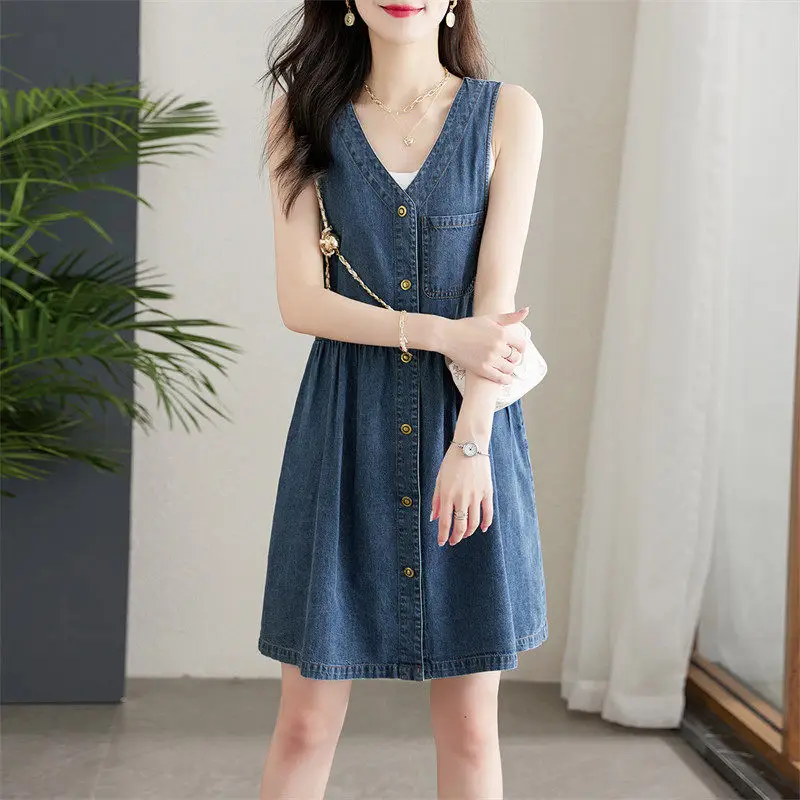 Women High Waist Retro Denim Dress V-neck Sleeveless Tank Korean Style Sweet Fashion A-Line Female Elegant Single Breasted Vesti