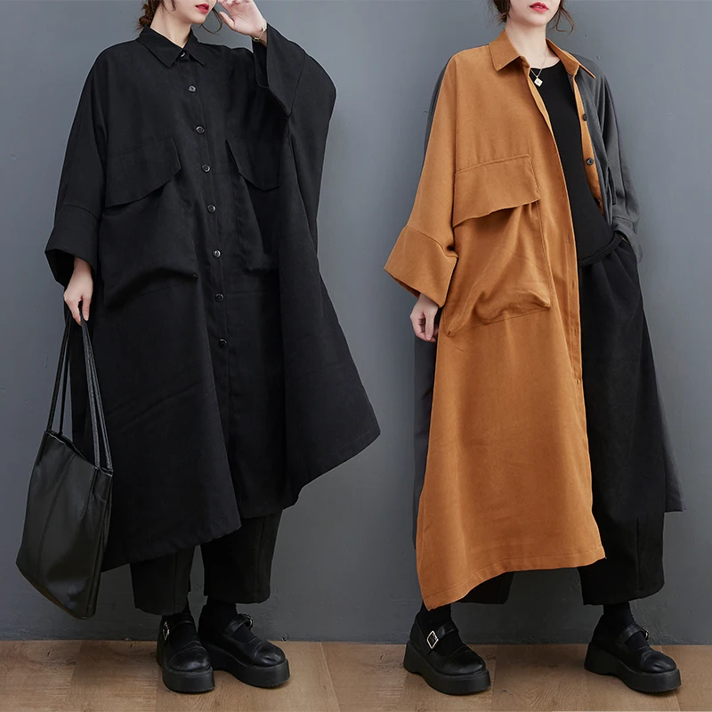 

Loose Casual Patchwork Coat Dress with Big Pockets Oversize Artistic Style Women's Mid-Length Shirt Dress for Autumn