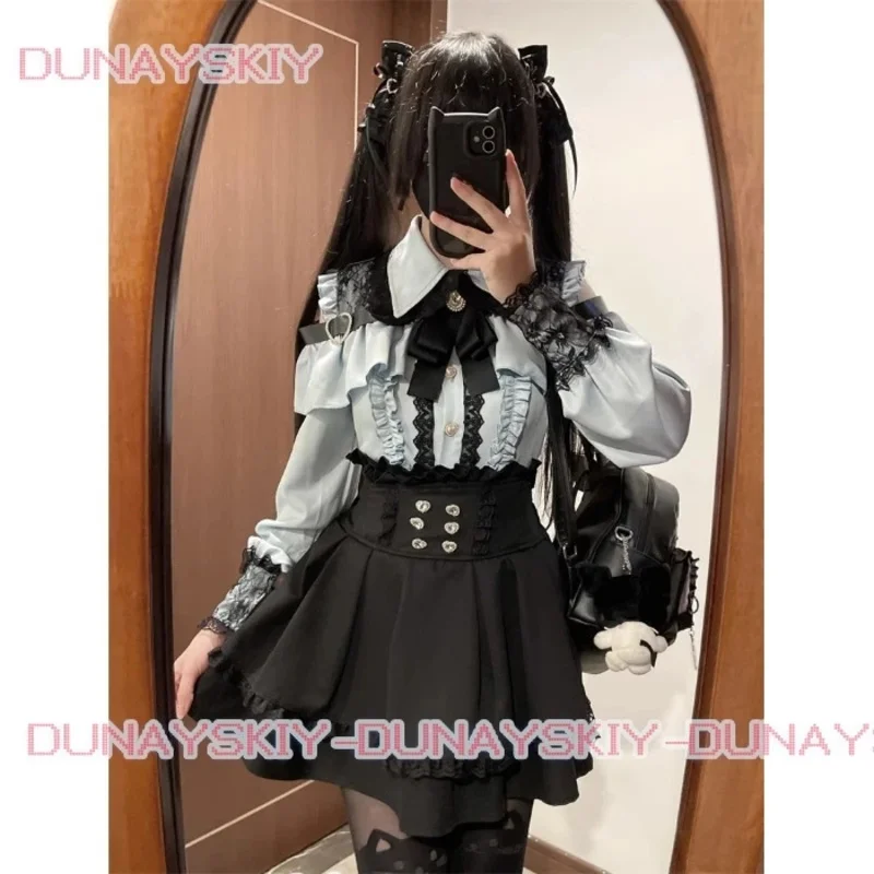 CyJirai kei-Conjunto de blusa Lolita para niña, Top, camisa de manga larga para mujer, faldas negras con lazo Kawii, camisas Y2K dulce estilo japonés para mujer S