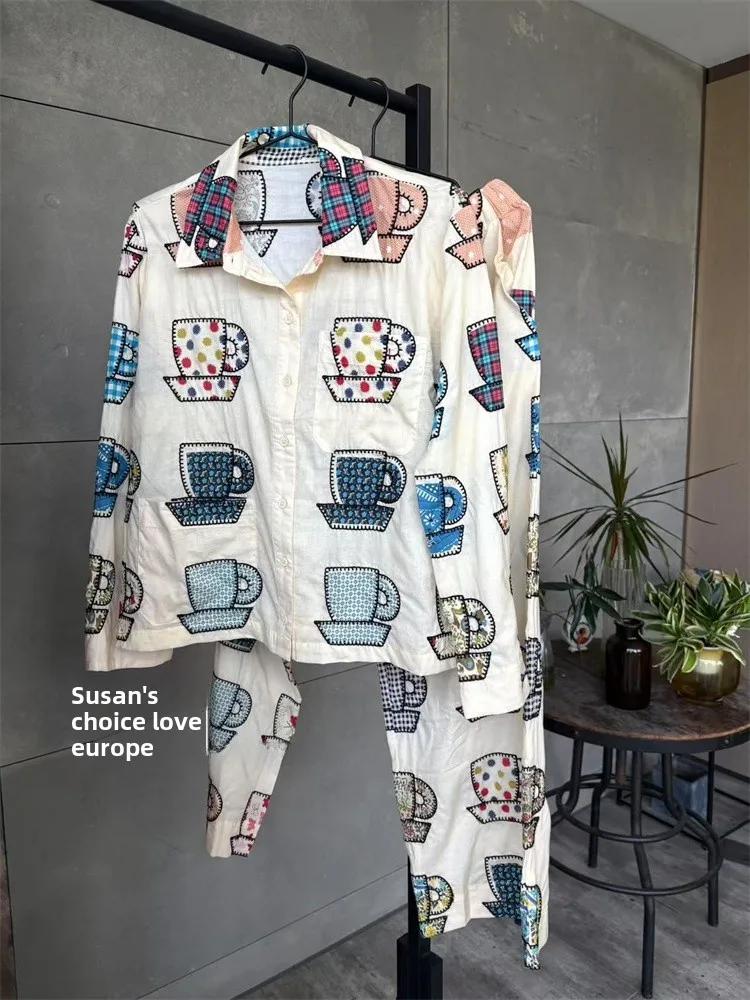 

Susan Faionable Fun Embroidered Tea Cup Pattern Pure Cotton ort Sve irt And Pants Set Women's Summer Outfit