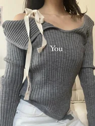 Sexy Asymmetrical Shoulder Bared Knitted Sweater Bottoming Trendy Girl Long Sleeve Regular Length Commute Style Korean Version