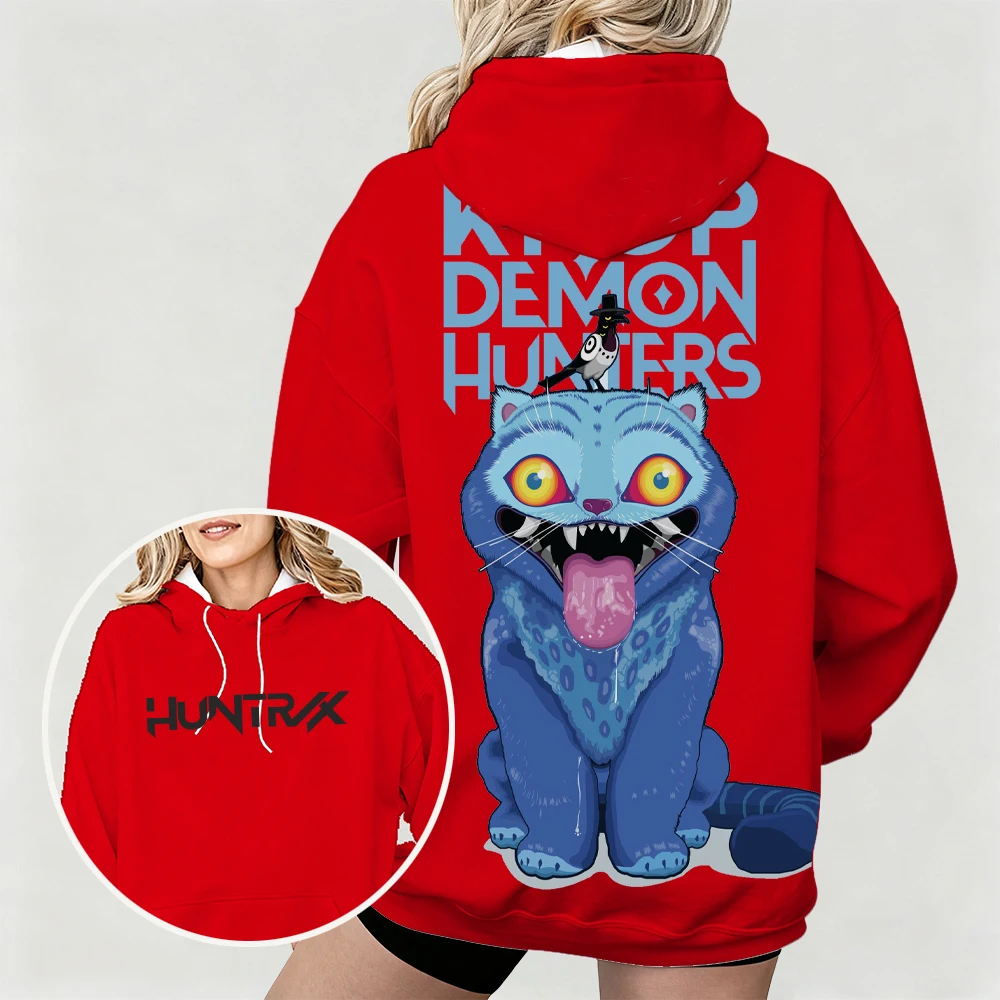 هوديي نسائي كبير الحجم مع KPop Demon Hunters Bold Derpy & Bird Graphic Print تصميم فني مزدوج الجانب للارتداء اليومي غير الرسمي