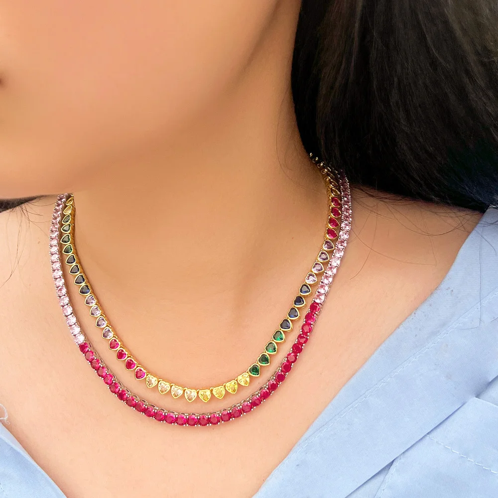 CWWZircons Chic Bling Pink Red Cubic Zirconia Round Chain Link Tennis Choker CZ Necklace for Women New Trendy Jewelry Gift CP117