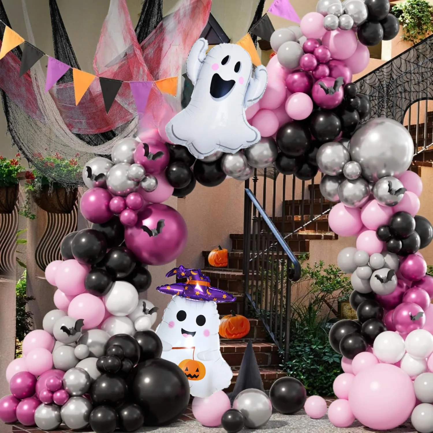 157-teiliges Halloween-Ballon-Set für Halloween-Dekoration, Geburtstagsparty-Dekoration, Abschlussball, Tag der Toten, rosa Halloween-Thema