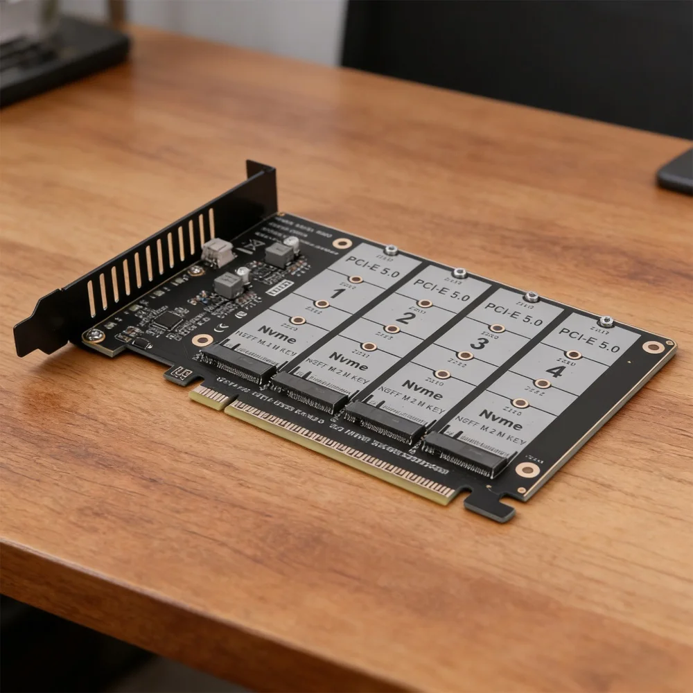 PCIE Express 5.0 Gen5 Gen4 X16 Adapter Card To 4X NVME for M.2 for NGFF SSD High Speed 4x128Gbps with Individual LED Indicator
