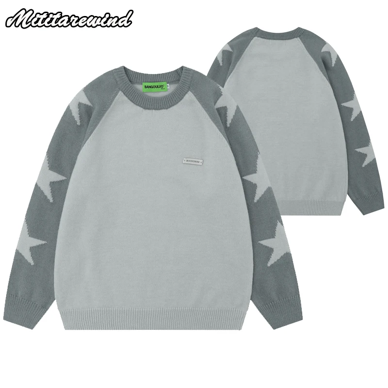 

Japanese Style Pullover Sweater Men Contrast Color Raglan Sleeve Round Neck Sweater For Men and Women Five-pointed Star Knitwear