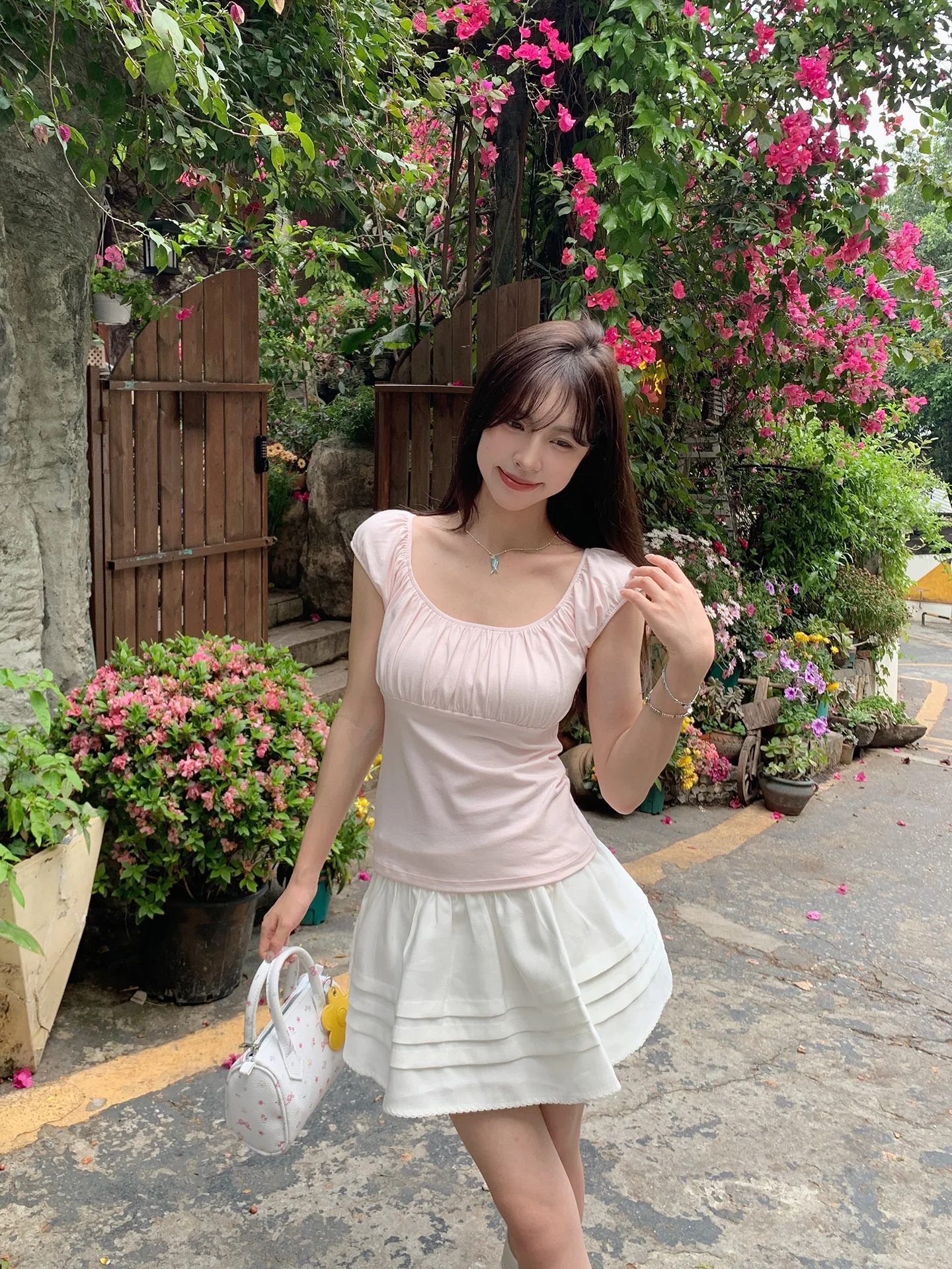 Morning Bloom Square Collar Short Sleeve T-Shirt Women Summer Sweet Pink Bubble Sleeve Unique Beautiful Small Top Korean Style