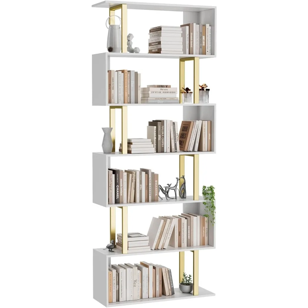 

6-Tier Geometric Bookcase S Shaped Bookshelf Wood Decorative Storage Shelving Modern Freestanding Display Shelves