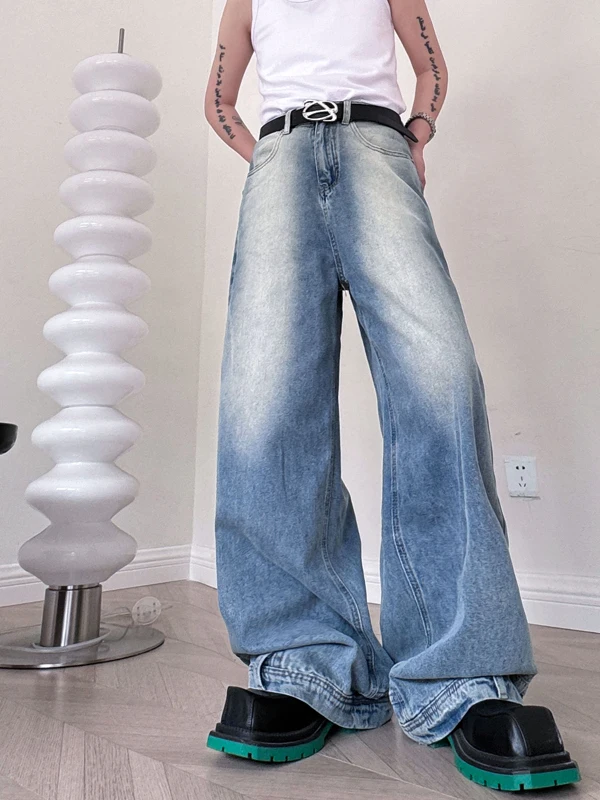 

American Retro Men's Wide Leg Jeans Counterintuitive Design Casual Loose Straight Cut Jeans Youthful Trend Summer Collection