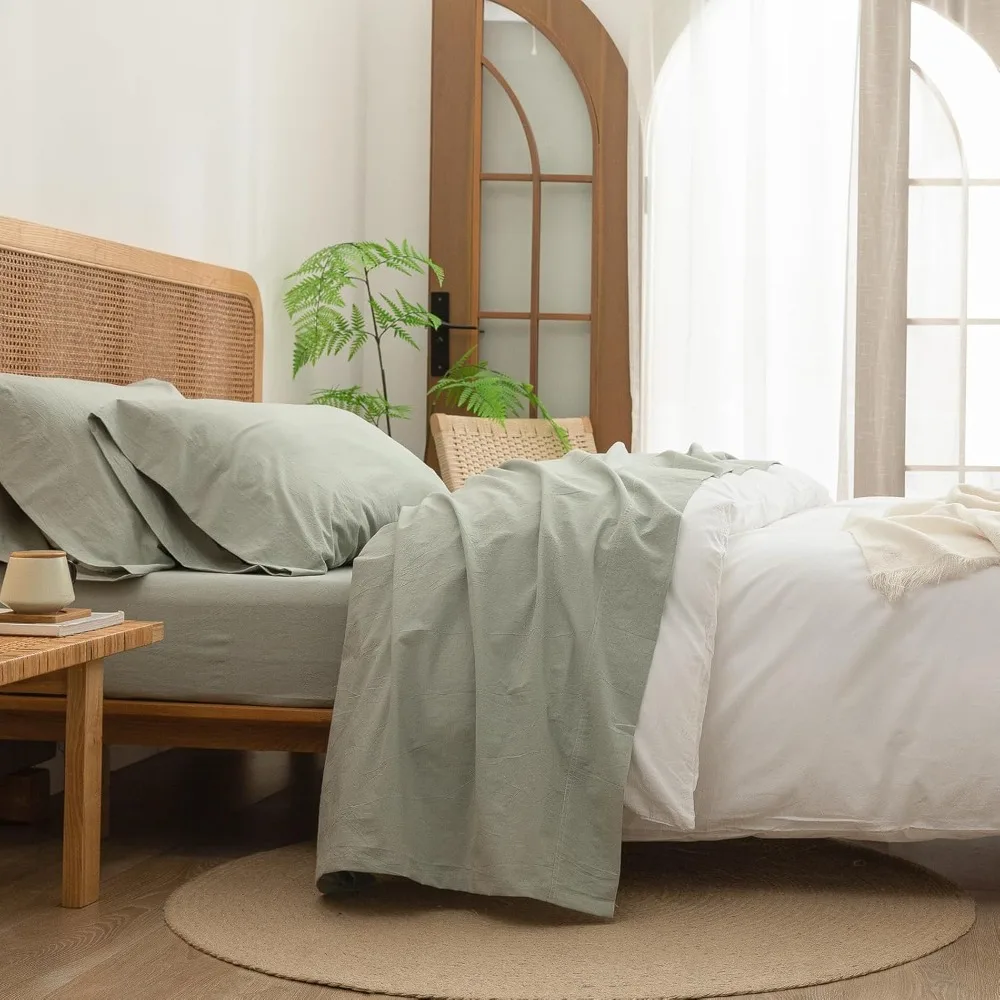 

BESTOUCH Sheet Set 100% Washed Cotton Linen Feel Super Soft Comfortable Chic Lightweight 4 Pcs Home Bedding Set Solid Sage Green