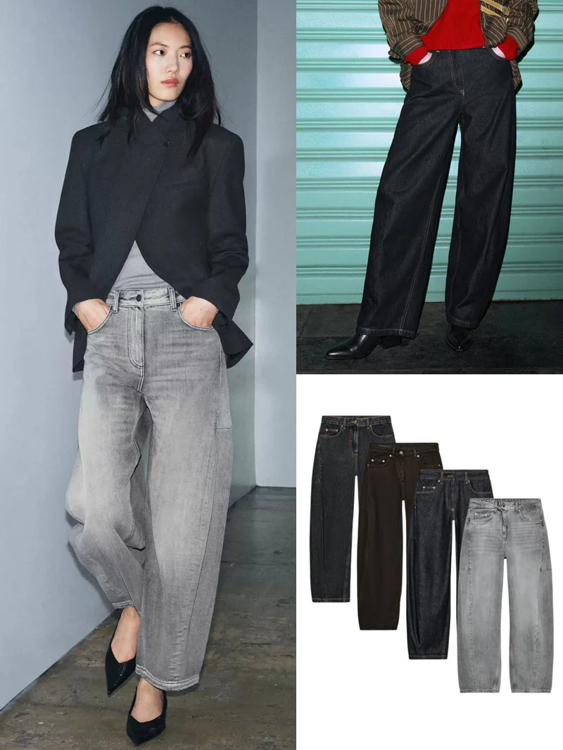 

American Style Casual Fashion Women's Denim Jeans High Waist Straight Leg Pocket Detail Nine-Tenths Length Balloon Shape