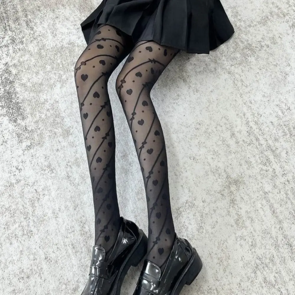

Casual Bowknot Heart Long Tights Ultra-thin Transparent Stripe Dot Stockings Harajuku Lolita JK Mesh Pantyhose Lady
