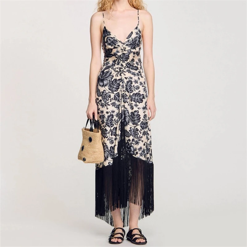 

y2k Summer new women's plant flower Print halter Dress 2025 High quality fashion retro high waist halter fringe skirt slim dress