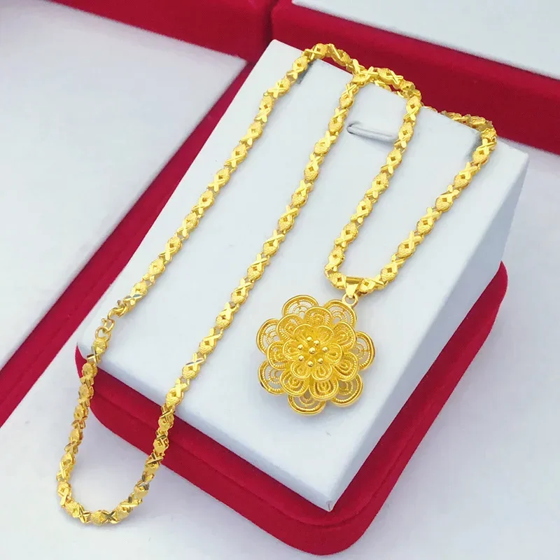 9999 Real Gold 24K Japanese and Korean Fashion Women's Gold Clover Big Flower Gold Women's Necklace