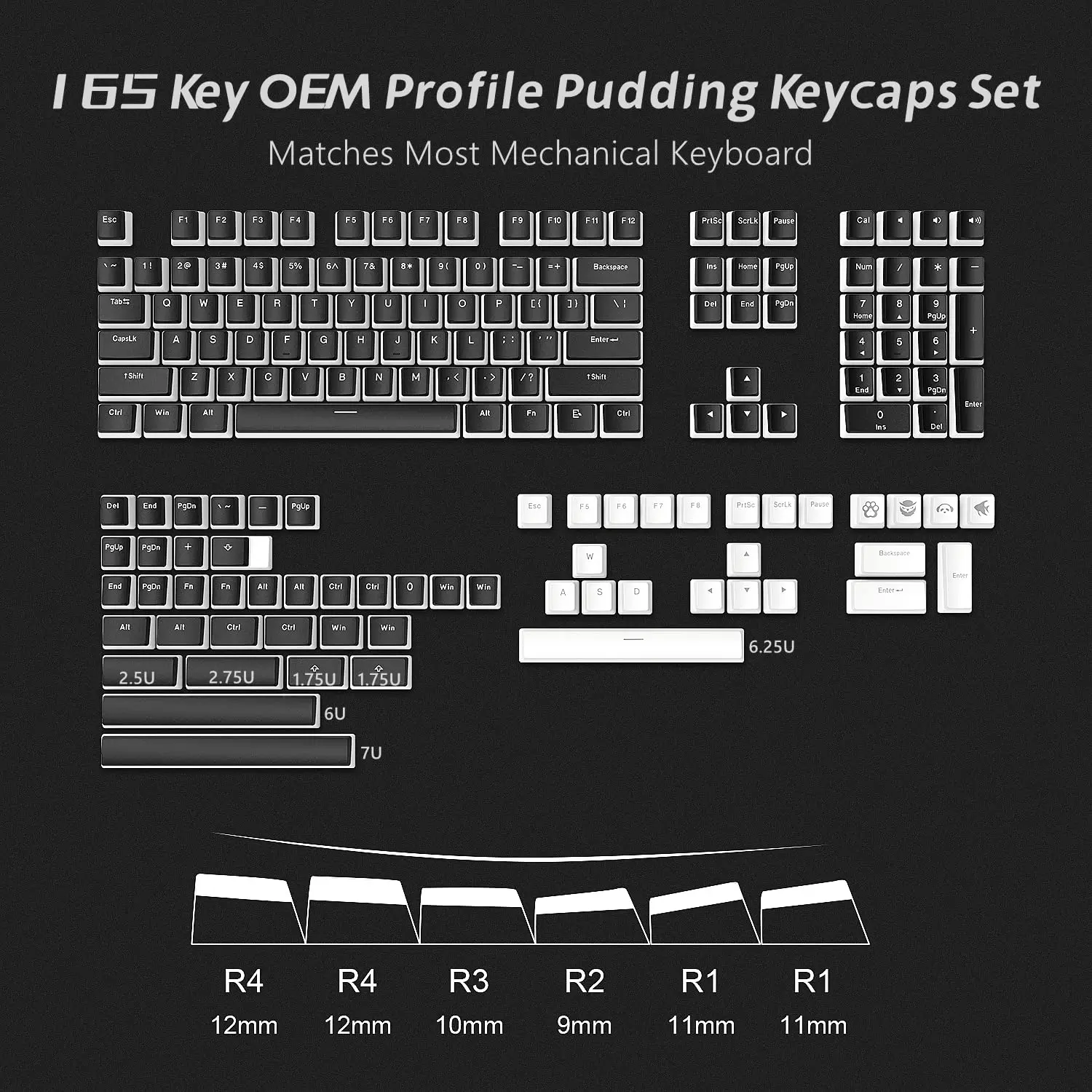 165 Key Pudding PBT Double Shot  Keycaps OEM Profile Custom Keycap Set Suit for 100%, 75%, 65%, 60% Gaming Mechanical Keyboard