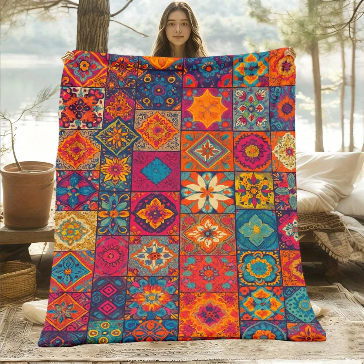 1 coperta in flanella bohémien, estremamente morbida, con un vivace motivo patchwork che combina fiori e motivi geometrici nei colori blu, rosso, giallo, rosa e arancione. È una coperta